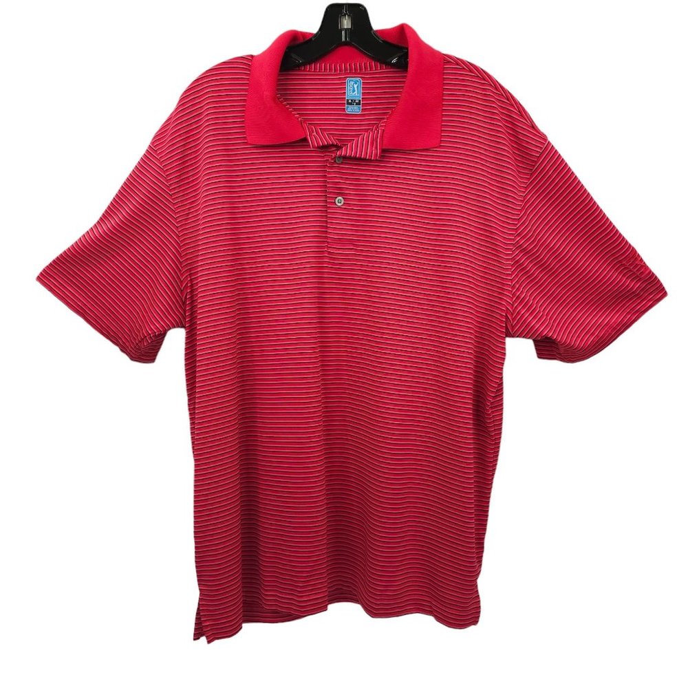 PGA Tour Golf Polo Shirt Mens XL Short Sleeve Red Pink Navy Striped